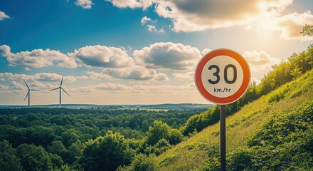 Speed Restriction Sign Overlooking Renewable Energy Wind Farm with Lush Greenery and Blue Sky