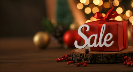 Red Gift Box with SALE Text in Cozy Christmas Background