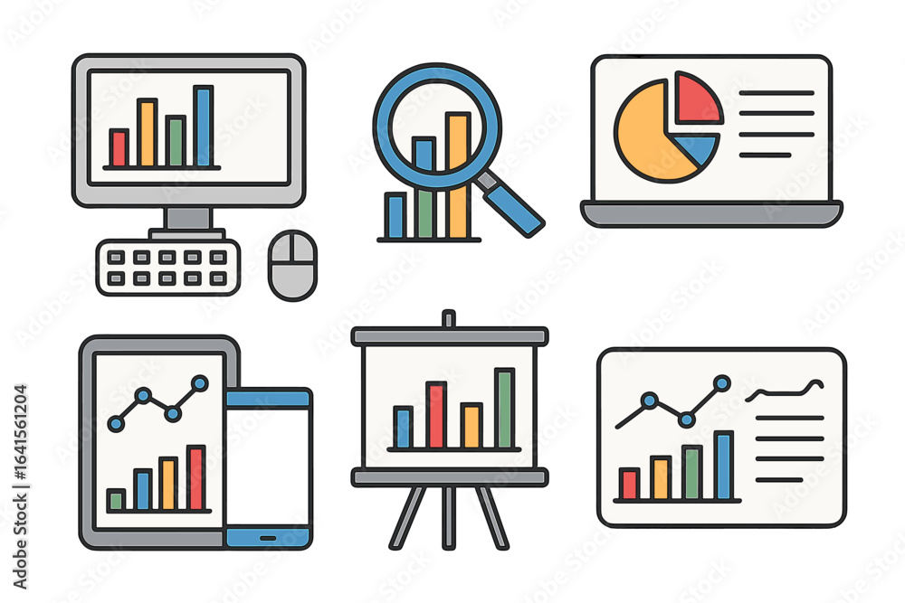 Poster visual representation of data analysis tools showing various graph types and charts in a modern work