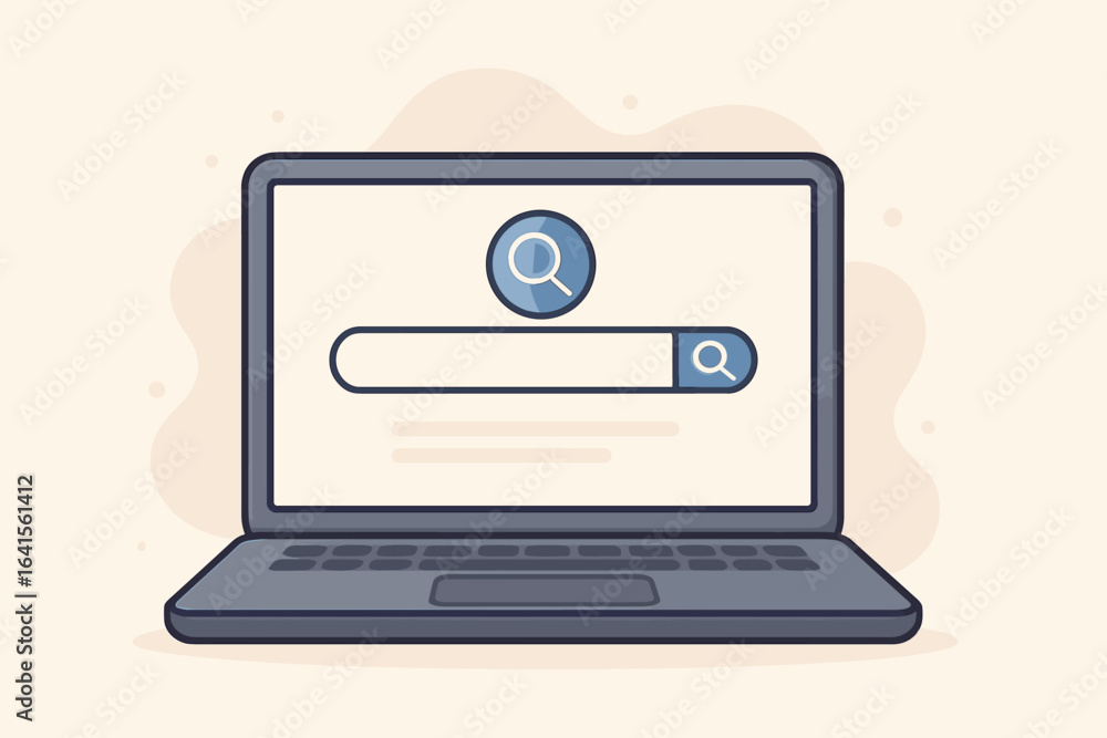 Poster modern laptop computer with search engine interface on screen. internet browsing, online information