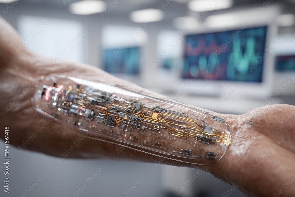 Aufkleber close-up of futuristic cyborg arm with visible internal technology and circuitry, showcasing cutting