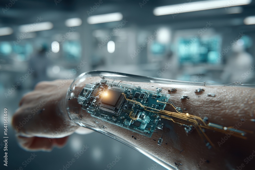 Poster a futuristic close-up shot of a human arm with an embedded microchip technology, showcasing the inte