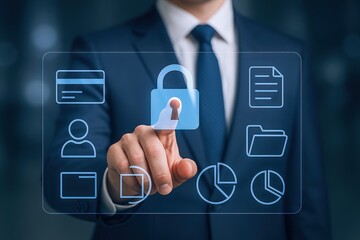 Businessman Securing Data with Digital Lock: Cybersecurity Concept for Data Protection and Business Information