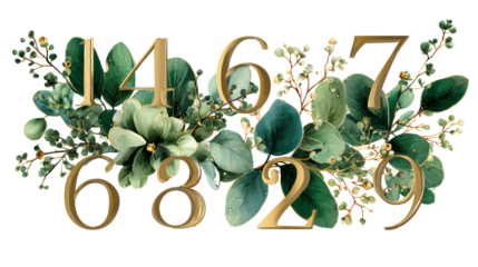 Gold Floral Number Set Digits on Transparent Background