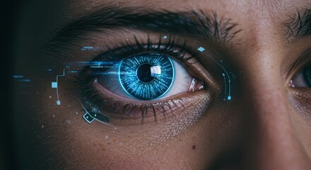 Futuristic eye with glowing digital interface, exploring technology and data visualization