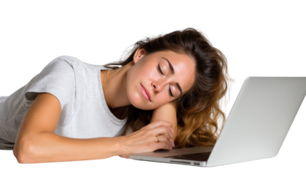 Exhaustion Meets Technology: A young woman slumbers peacefully beside a laptop computer, highlighting the intersection of modern life and the need for respite. 