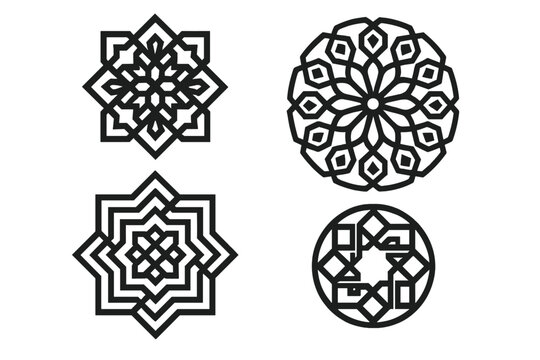 Intricate Geometric Ornaments Set. Traditional Arabic Islamic Patterns. Sacred Geometry. Outline Mandala Elements. Black Linear Decorative Art. Vector Isolated. Ornamentation Design.
