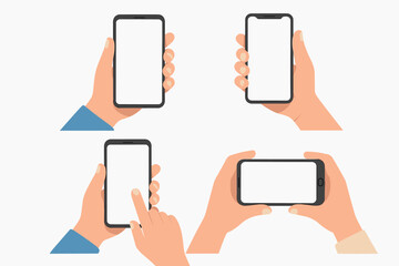 Smartphone vector illustration set, hands holding modern mobile phones in various positions, touchscreen use, portrait and landscape mockups, blank display, user interaction, isolated flat design