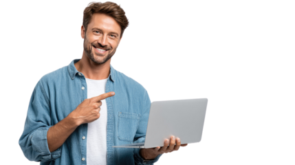 Digital Connection: A modern male, in casual attire, holds a laptop, smiling with confidence and pointing towards it, showcasing modern technology usage. 