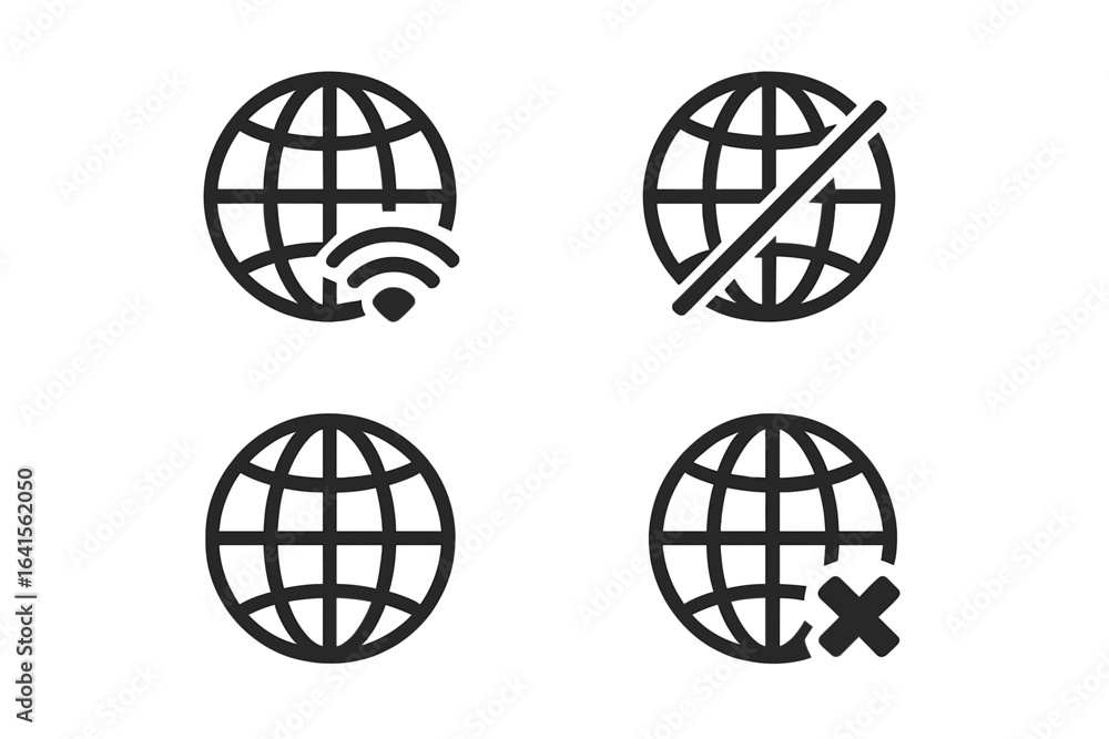 Poster internet globe icon set for network connection status, wifi online offline disconnected symbols, web