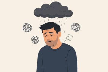 Depressed man with dark cloud raining overhead, mental health and anxiety illustration, sadness, stress, emotional distress, negative thoughts, depression concept, vector cartoon character