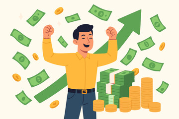 Wealthy man celebrating financial success, flat design illustration with cash, gold coins, dollar bills, green upward arrow, economic growth, prosperity, investment, money-making concept vector