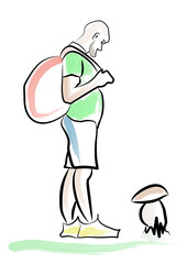 A vector illustration of a man with a backpack on his back.