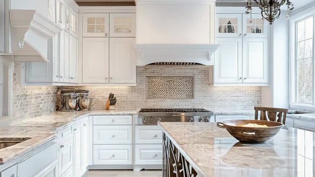 Modern kitchen showing granite countertops and white cabinets