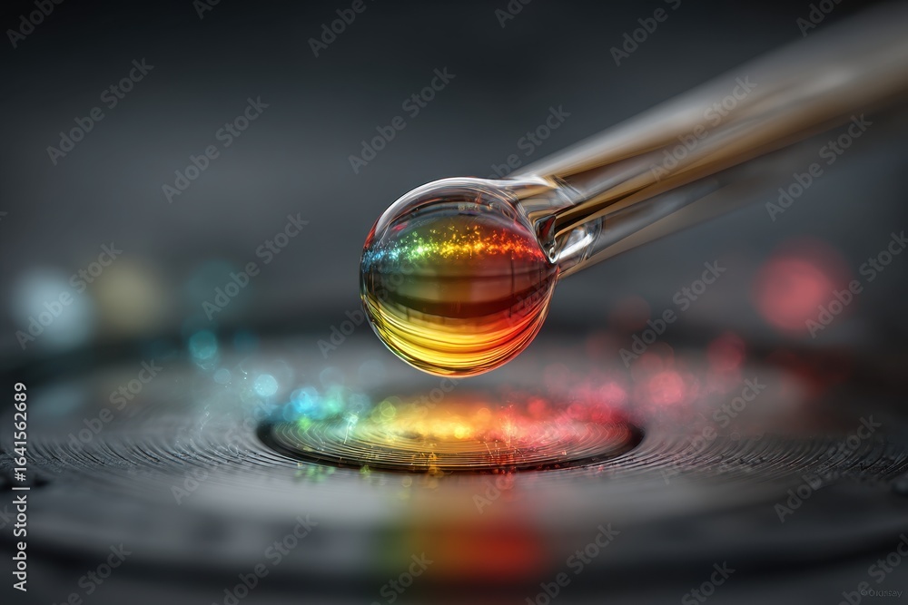 Poster a captivating macro shot showcasing a glass dropper with a vibrant rainbow reflection, poised above 