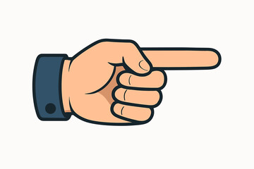 Human hand pointing right gesture. Cartoon vector illustration of male hand wearing shirt cuff. Index finger showing direction. Flat design isolated on white. Communication, instruction, navigation.