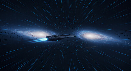 Starship Traveling Through Interstellar Warp Tunnels