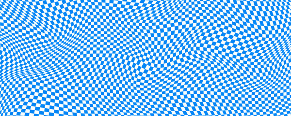 Curved checkerboard background, blue abstract distorted grid texture