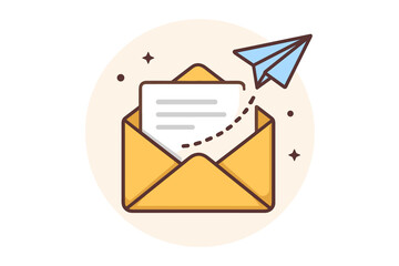 Email communication vector illustration, open yellow envelope with letter message, flying paper plane, sending mail icon, digital correspondence, cartoon style, communication technology concept art