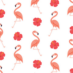 Seamless Pattern with Flamingos and Hibiscus Flowers
