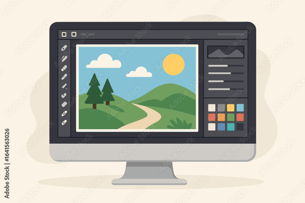 Poster vector illustration of photo editing software interface on computer screen, landscape image editing,