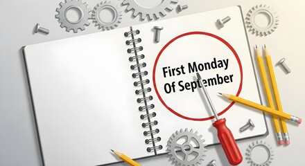 Photo of first monday of september written on an open notebook with tools and gears, symbolizing labor and planning