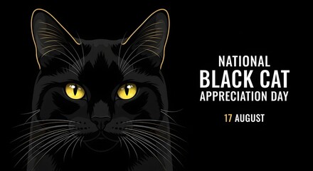 Photo of national black cat appreciation day on august 17th, featuring a closeup portrait of a black cat with glowing yellow eyes