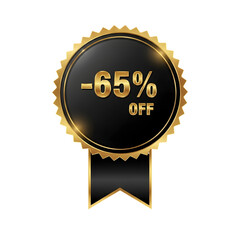 Fototapeta premium Golden and black sixty five percent off discount badge isolated on transparent background