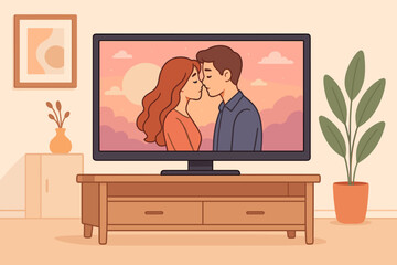 Romantic couple kissing on TV screen in cozy living room, sunset background, streaming movie or series, television entertainment, relaxation, romance, modern home decor, vector illustration