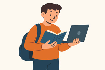 Male student learning multitasking with laptop and book, education and self-study, academic research, distance learning, online course, digital education concept, modern classroom, knowledge growth