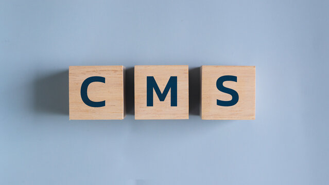 Wooden blocks with CMS letters representing content management system on light blue background, concept of digital marketing and website development
