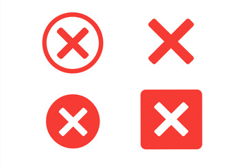 Fototapeta premium Red cross mark icon collection, vector error symbols, cancel, delete, reject, remove, wrong, incorrect, X mark inside circle and square buttons, modern flat design, isolated, user interface elements