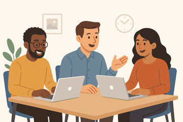 Diverse team collaboration, office teamwork, group meeting, brainstorming, three businesspeople, laptop discussion, project planning, communication, modern workplace, flat cartoon illustration
