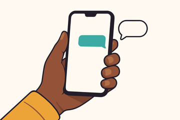 Hand with dark skin holding smartphone and sending text message, cartoon flat vector illustration of phone in hand, modern digital communication, chatting, social media, messaging concept