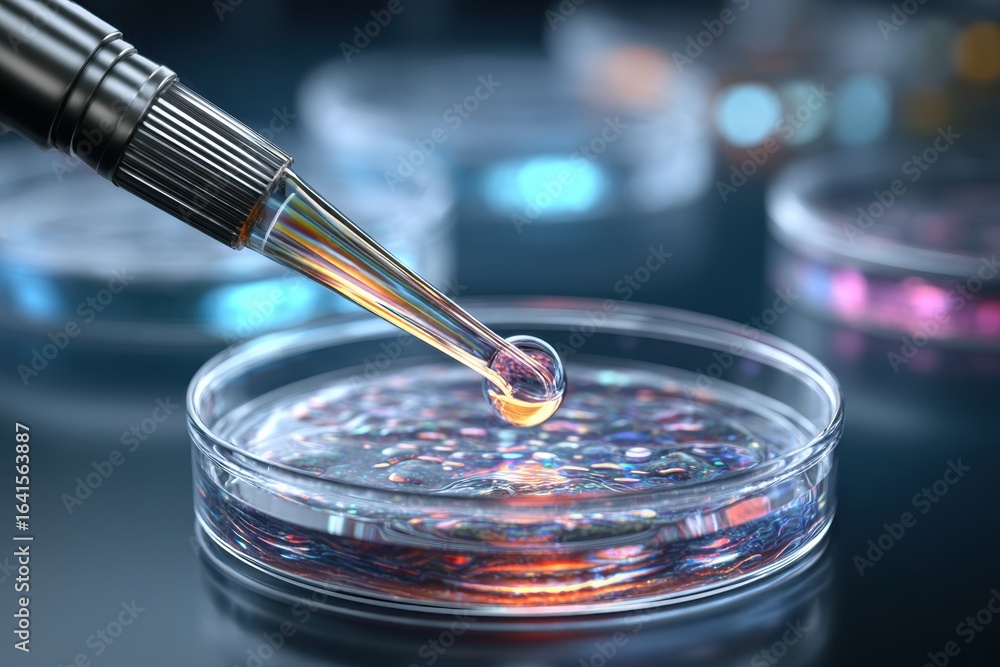 Poster close-up of a pipette dropping liquid into a petri dish, showcasing a controlled experiment and scie