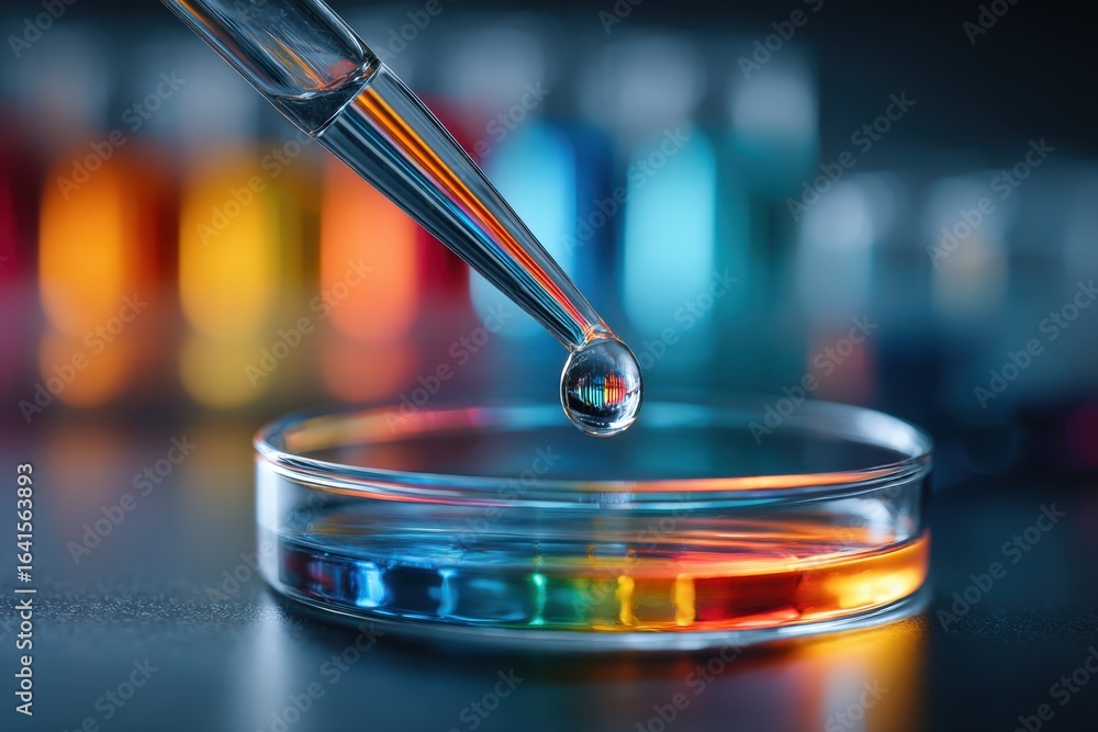 Poster a close-up shot of a pipette dropping colorful liquid into a petri dish, against a background of tes