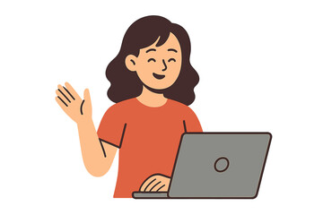 Woman working from home with laptop, waving hand, online communication, remote freelance work, digital collaboration concept, casual home office, technology lifestyle vector illustration
