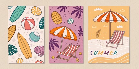 Vibrant summer beach scene illustrations with surfboards and beach chairs