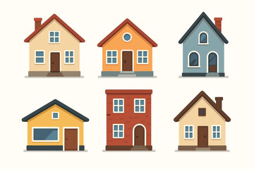 Set of 6 Colorful Cartoon Vector Houses in Flat Design, Various Home and Building Facades, Modern Residential Architecture Collection, Isolated on White Background, Real Estate Property Clipart