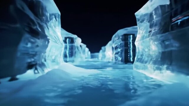 Futuristic data center server racks in a glowing blue ice cave representing cold storage and digital information technology.
