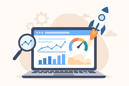 Website speed optimization, SEO performance analysis, digital marketing, analytics dashboard on laptop, magnifying glass, rocket launch, fast website development, business growth concept