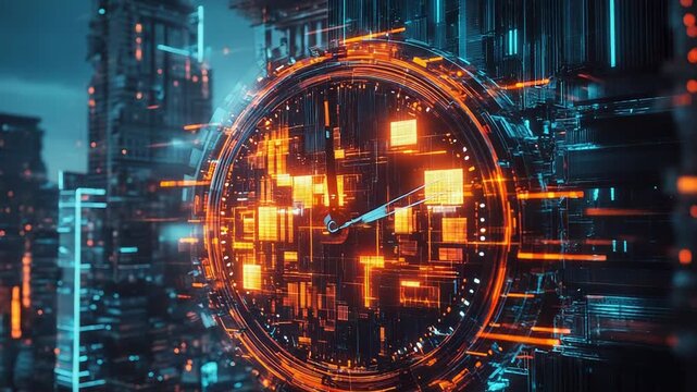 Futuristic clock glowing in abstract cityscape representing time and technology - Powered by Adobe