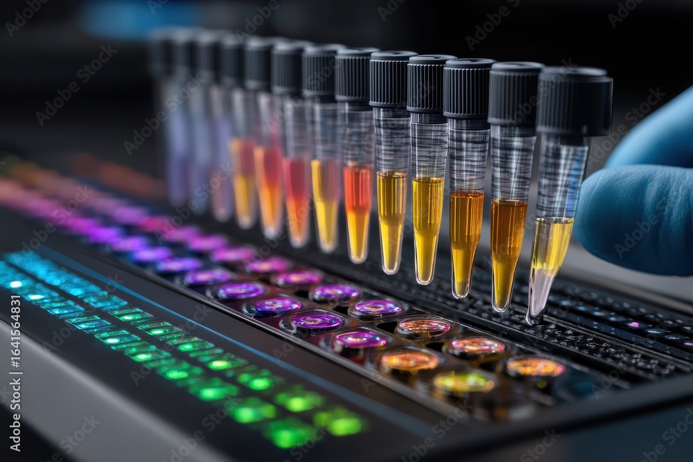 Aufkleber modern laboratory setup with colorful samples in test tubes and illuminated wells.