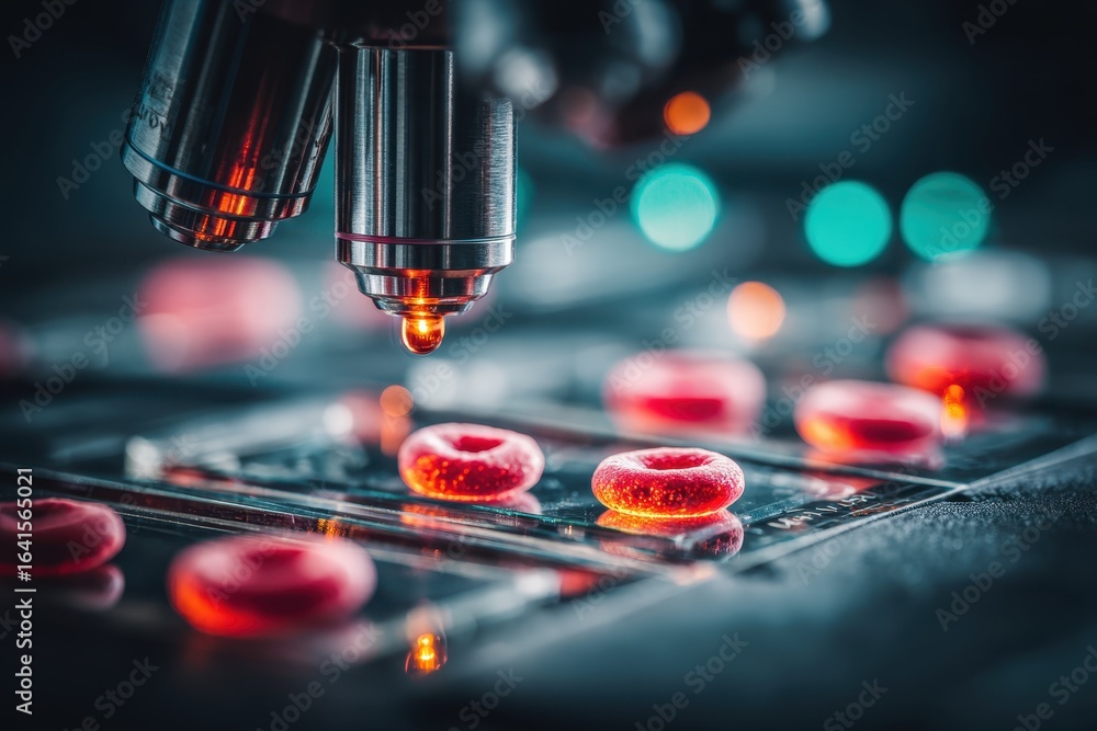 Poster microscopic view of vibrant red cells under a powerful lab microscope.