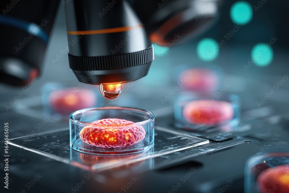 Poster advanced microscope examining glowing cells in a cutting-edge lab setup.