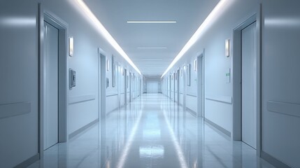 Fototapeta premium Modern Hospital Interior: Clean Hallway Perspective with Doors, Lights, and Shiny Floor, Emphasizing Serenity and Advanced Medical Environment