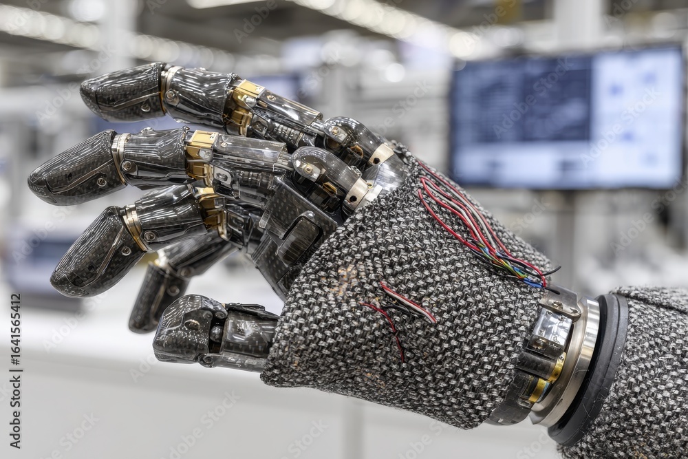 Poster advanced bionic robotic hand featuring intricate design and visible wiring, symbolizing future techn