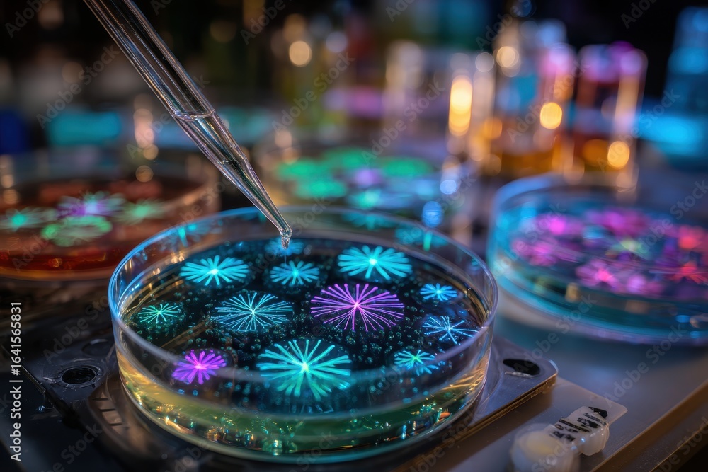 Poster a vibrant petri dish with glowing patterns and a pipette in a science lab.