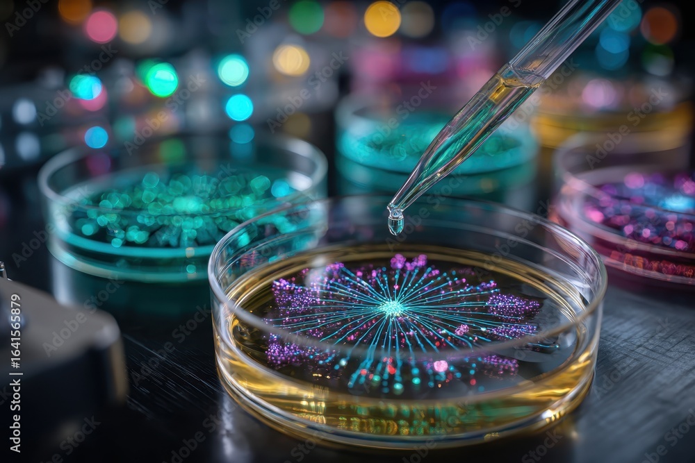 Poster close-up of a pipette dropping liquid into a petri dish with a glowing pattern, representing scienti
