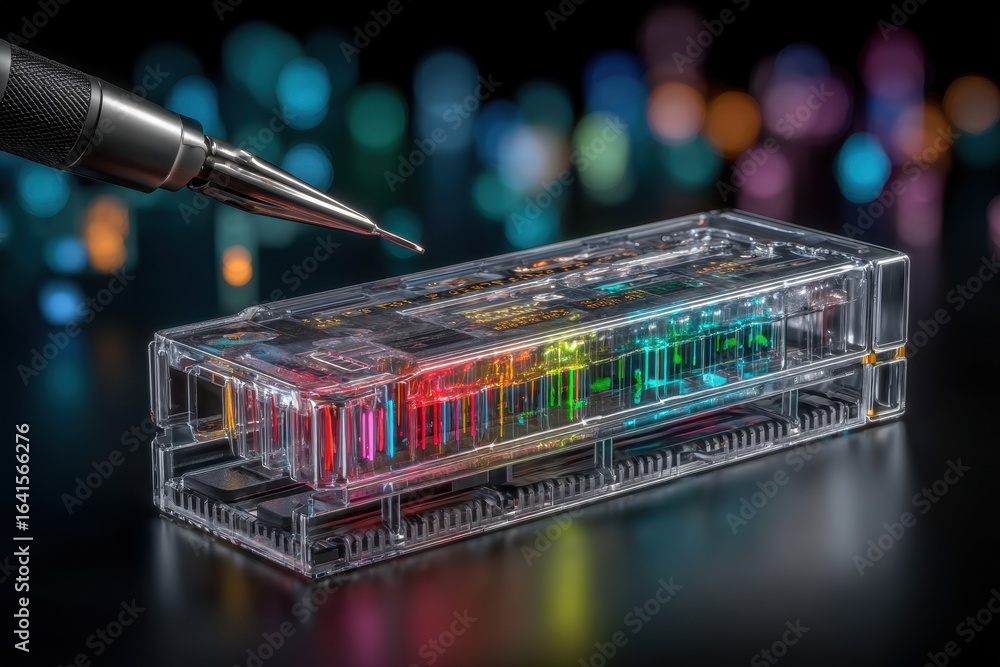 Poster close-up image of a microchip under inspection with colorful light beams, showcasing advanced techno